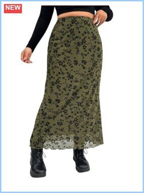 Plus Size Floral Mesh Maxi Skirt Fishtail Lettuce Trim High Waist Long Skirt